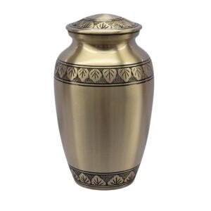 Golden Elegance – Solid Brass Urn with Black and Gold Leaf Band – BR101GD