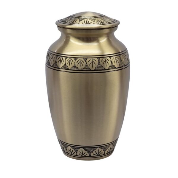 Golden Elegance – Solid Brass Urn with Black and Gold Leaf Band – BR101GD