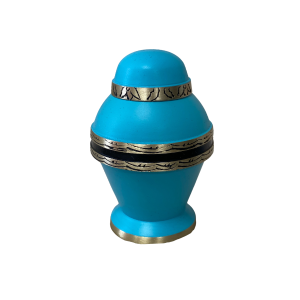 Solid Brass urn with an ocean Blue Matte finish garnished with an etched brass band - BR703BL-K
