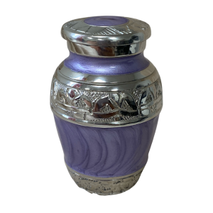 Solid Brass urn with faux texture Purple enamel high polish finish. Elegant silver etched bands on body and lid-BR901E-PUR-K