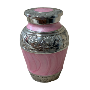 Solid Brass urn with faux texture Pink enamel high polish finish. Elegant silver etched bands on body and lid-BR904E-PK-K