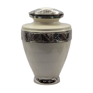 Solid Brass urn with a faux texture White enamel high polish finish. Detailed silver etched band tapered body. BR1001E-WT-A