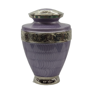 Solid Brass urn with a faux texture Lavender enamel high polish finish. Detailed silver etched band tapered body-BR1002E--LAV-A