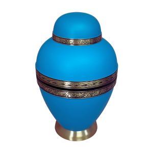 Solid Brass urn with an ocean Blue Matte finish garnished with an etched brass band - BR703BL-A
