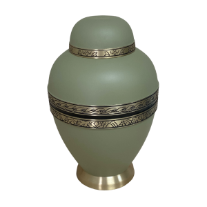 Solid Brass urn with a Moss color Matte finish garnished with an etched brass band-BR702MOSS-A