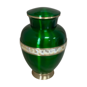Solid Brass urn with a high polish Emerald green finish and a beautiful mother of pearl-BR802GRN-A