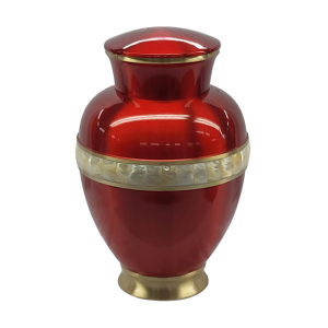 Solid Brass urn with a high polish Red finish and a beautiful mother of pearl band.BR803RED-A