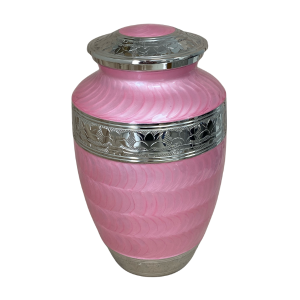 Solid Brass urn with faux texture Pink enamel high polish finish. Elegant silver etched bands on body and lid.BR904E-PK-A