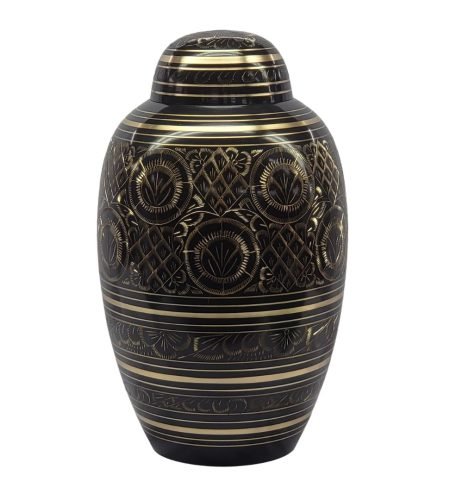 Golden Etched Reverence - Solid Brass Urn with Polished Black and Gold Finish - BR201BK